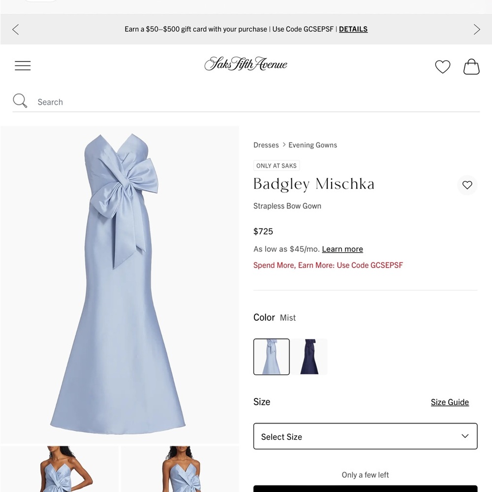 Badgley Mischka Strapless Gown with Bow in Soft Blue